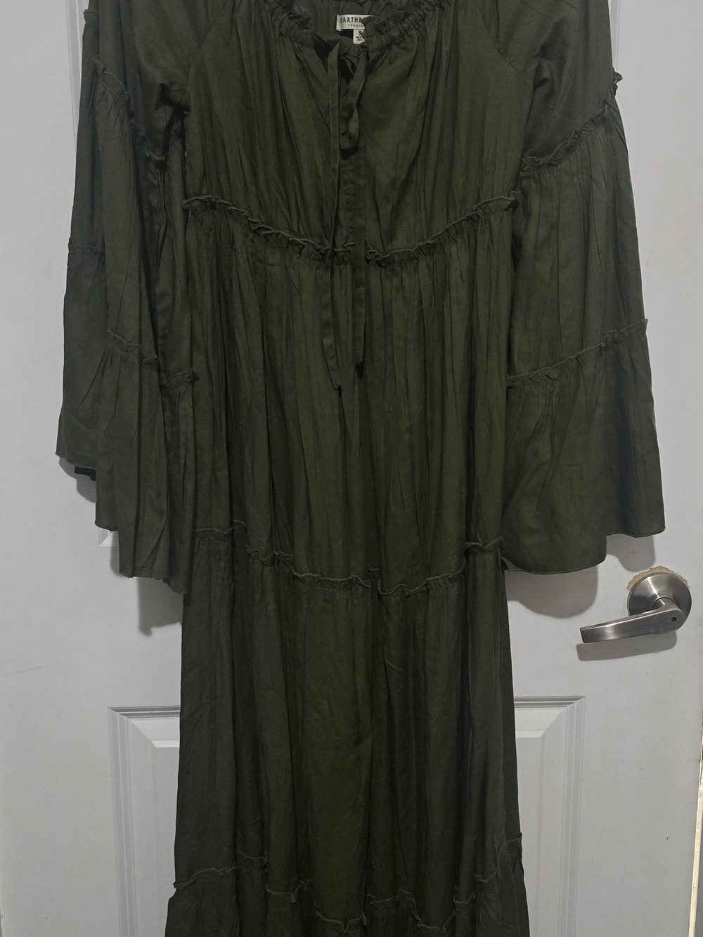 EARTHBOUND Olive Green Tiered Boho Maxi Dress with Tie Neck